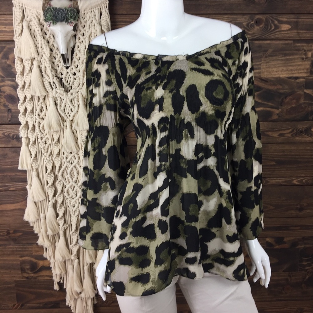 Spense‎ | Smocked Off Shoulder Bell Cheetah Leopard Blouse